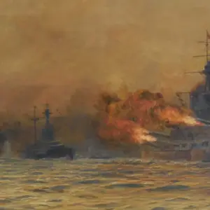 Painting of the Jutland with fire and explosions at sea