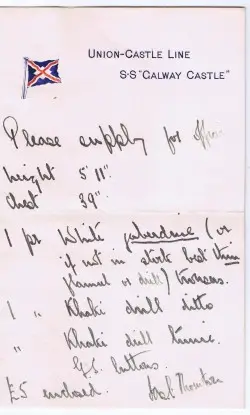 Handwritten order for a Union-Castle officer's uniform on Galway Castle letterhead