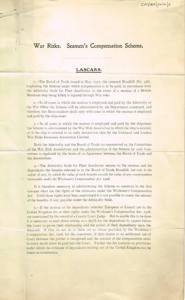 First page of document Seamen's Compensation Scheme - Lascars