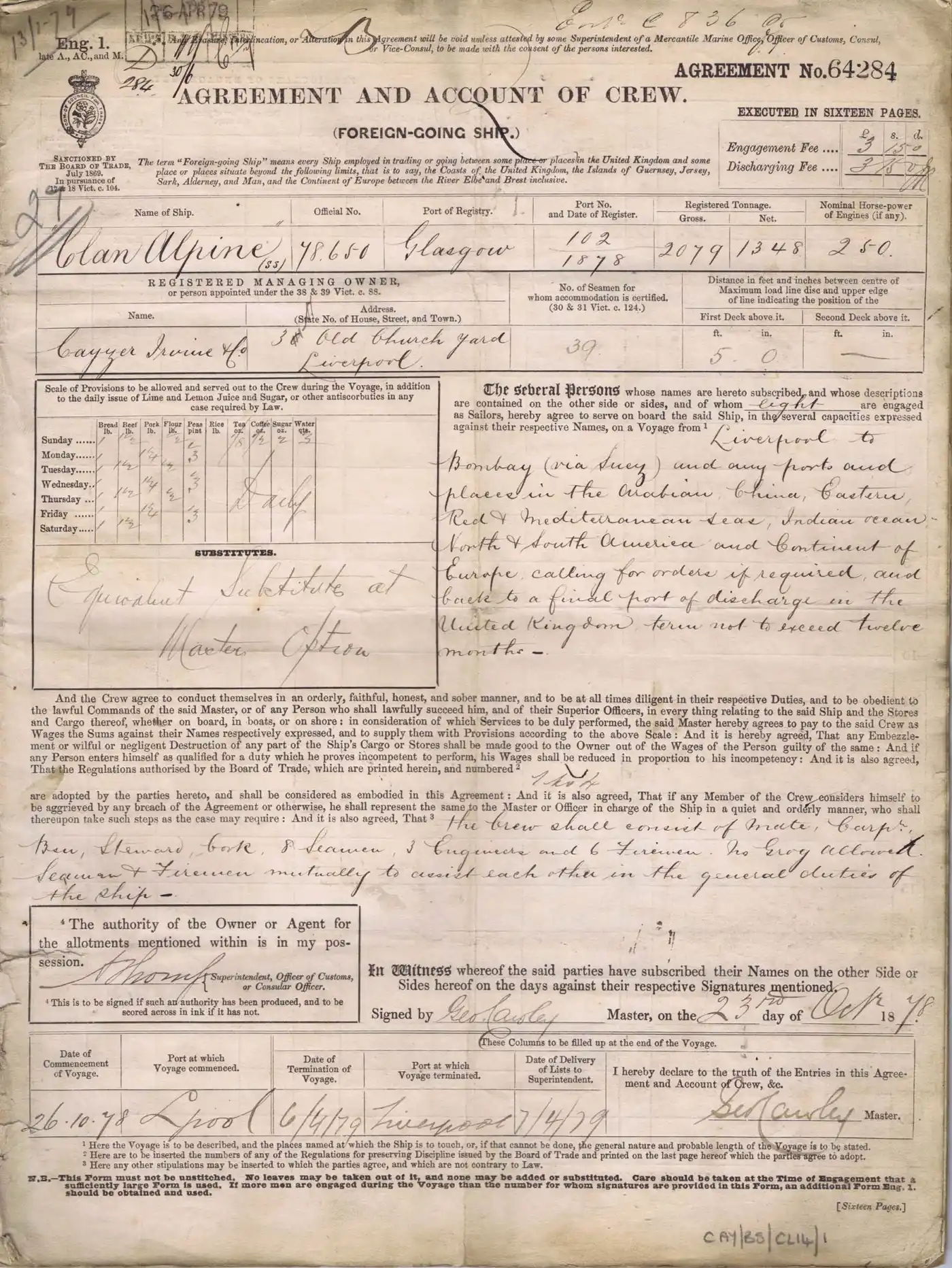 Digitised image of a page of the Agreement and Account of Crew for Clan Alpine in 1878