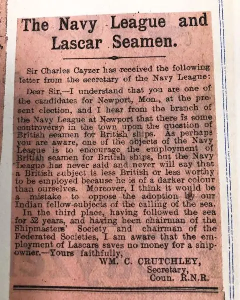 Newspaper clipping: letter from the secretary of the Navy League,
