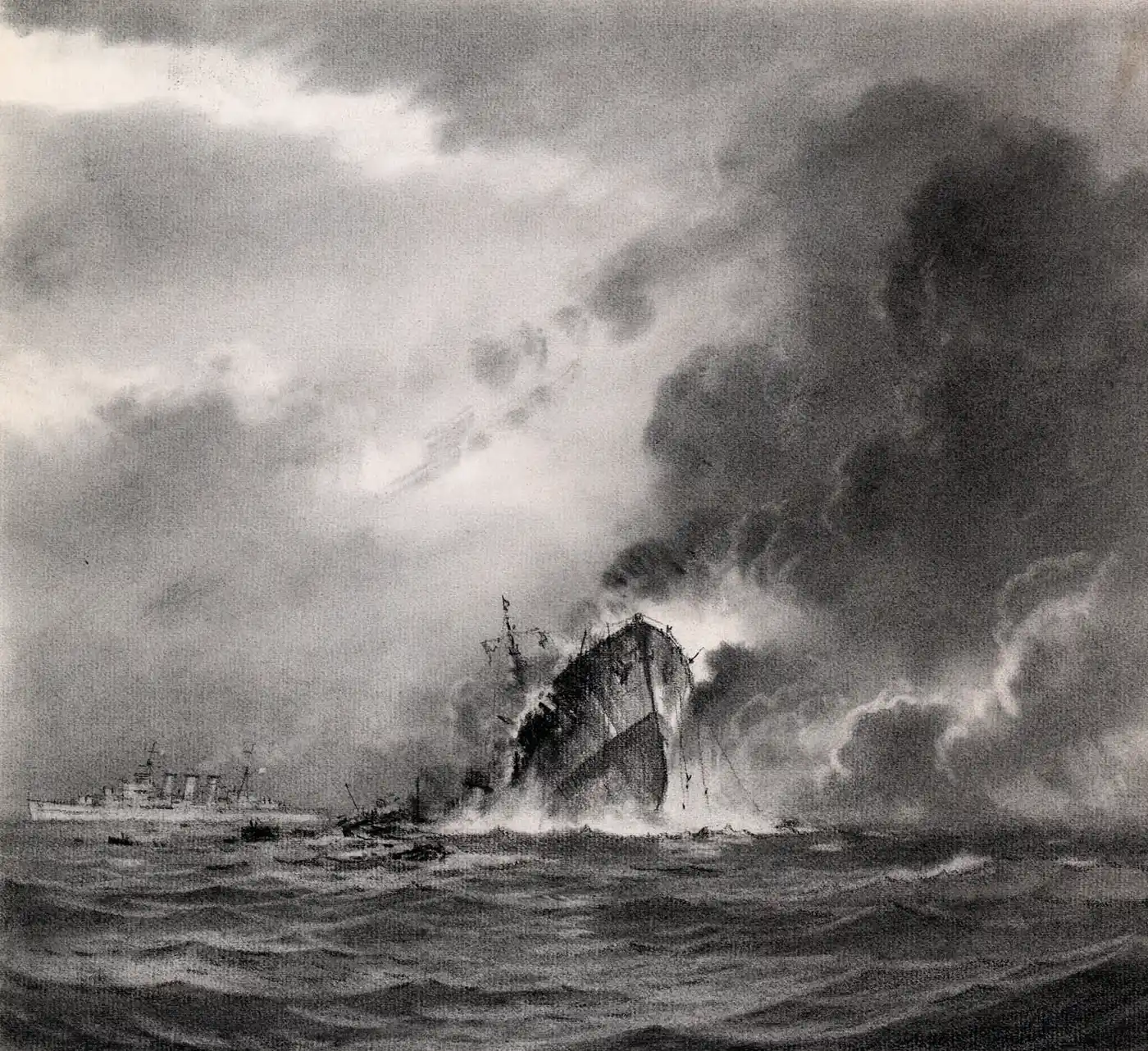 Print of HMS Cornwall sinking a German Raider which had previously sunk the 'Clan Buchanan' during WWII