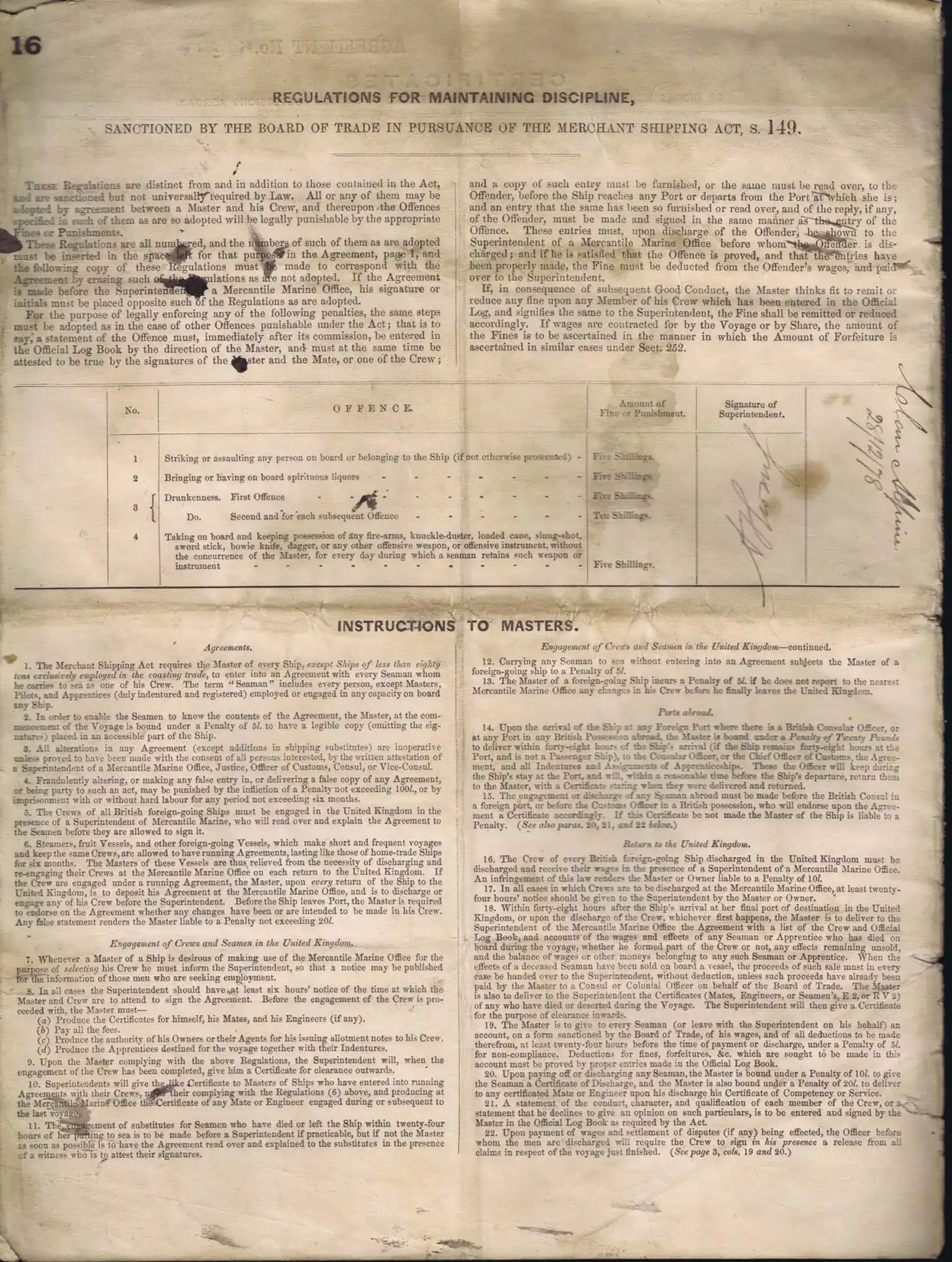 Digitised image of a page of the Agreement and Account of Crew for Clan Alpine in 1878