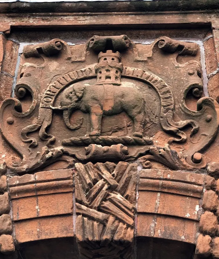 Architectural detail of the elephant above the entrance to Burgh Hall.