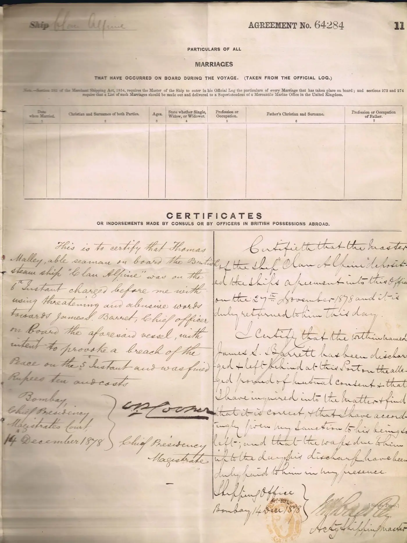 Digitised image of a page of the Agreement and Account of Crew for Clan Alpine in 1878