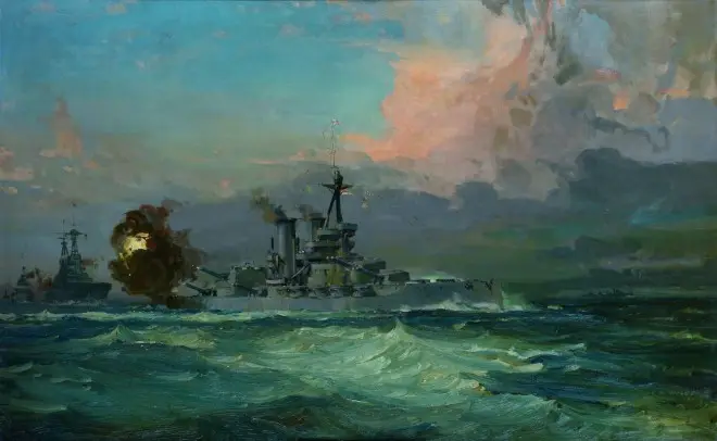 Painting of HMS Iron Duke at the Battle of Jutland 1916 by Lesley Arthur Wilcox