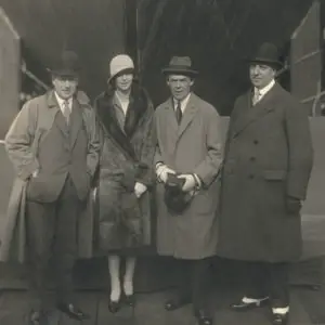 Black and white photograph of Sir August Cayzer Bart. with his daughter, Heather, before the launch of the Clan Macdougall at the Greenock Dockyard in 1928