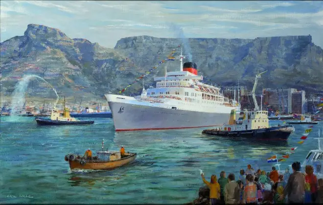 Painting of the Windsor Castle leaving Cape Town 1977 by Eric Wale