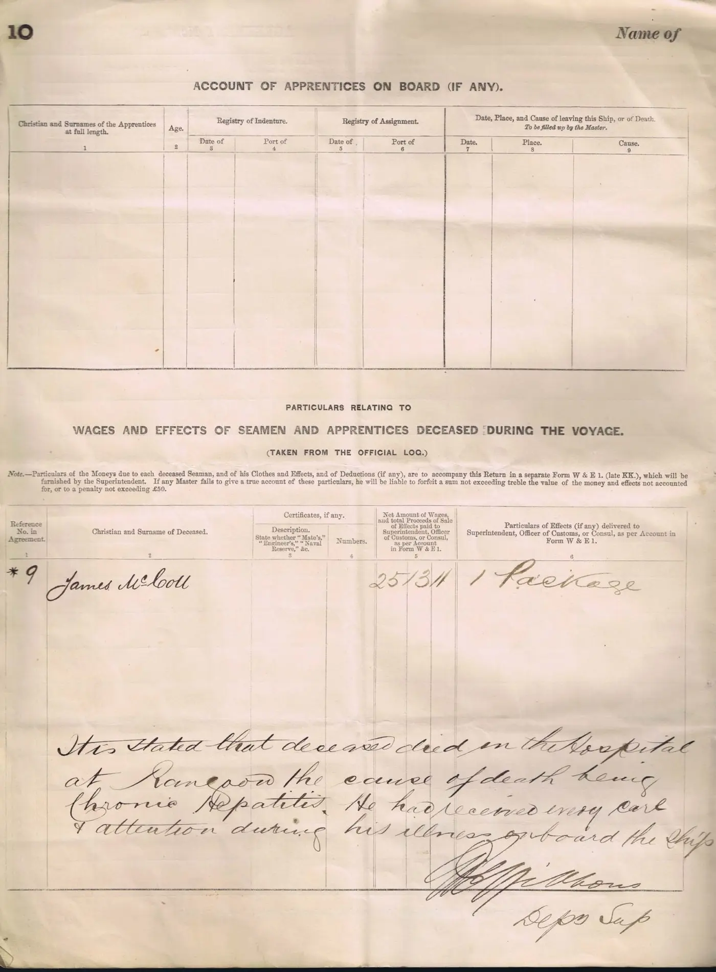 Digitised image of a page of the Agreement and Account of Crew for Clan Alpine in 1878