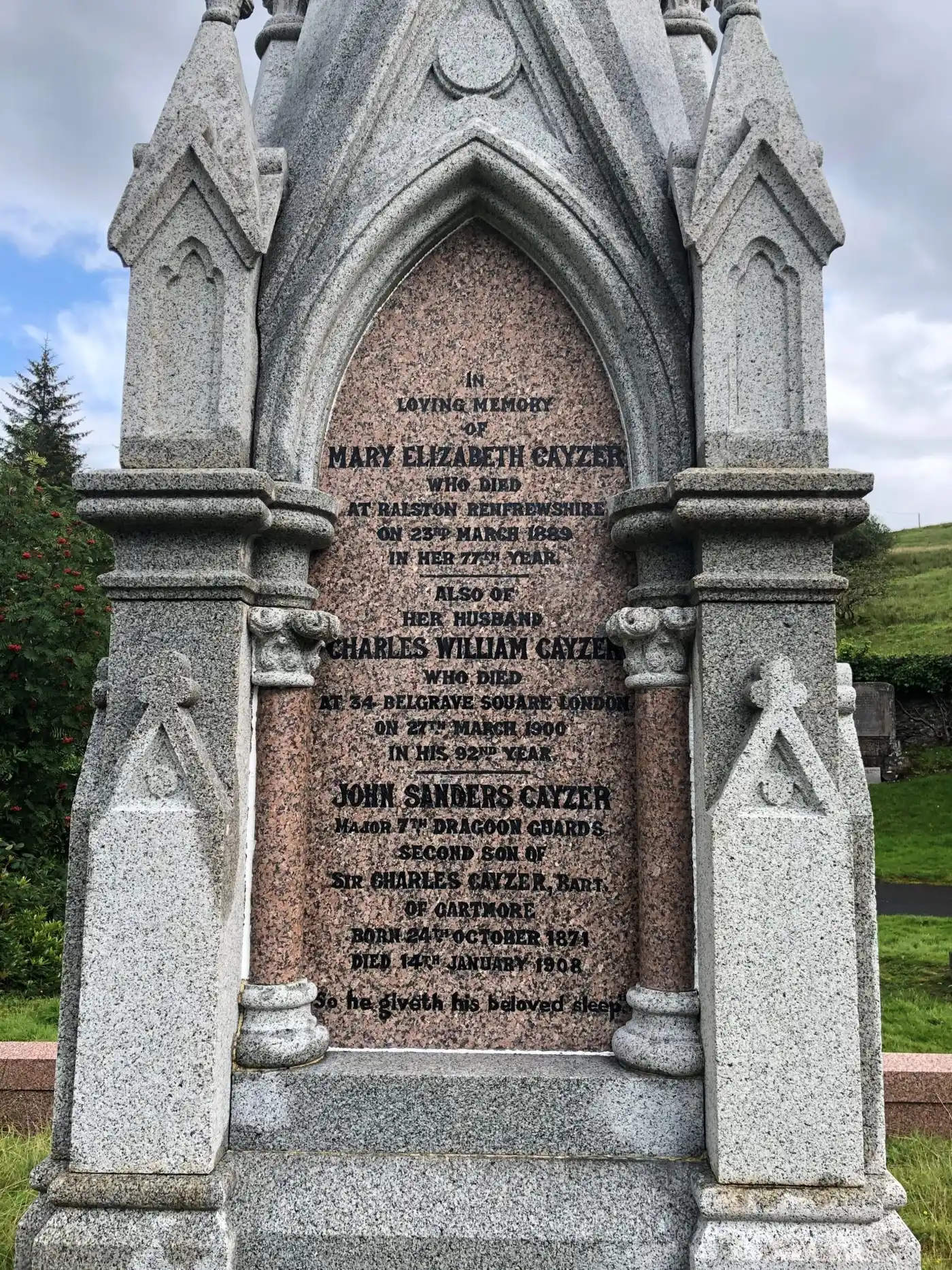 View of the inscriptions on the Cayzer grave monument, 2019