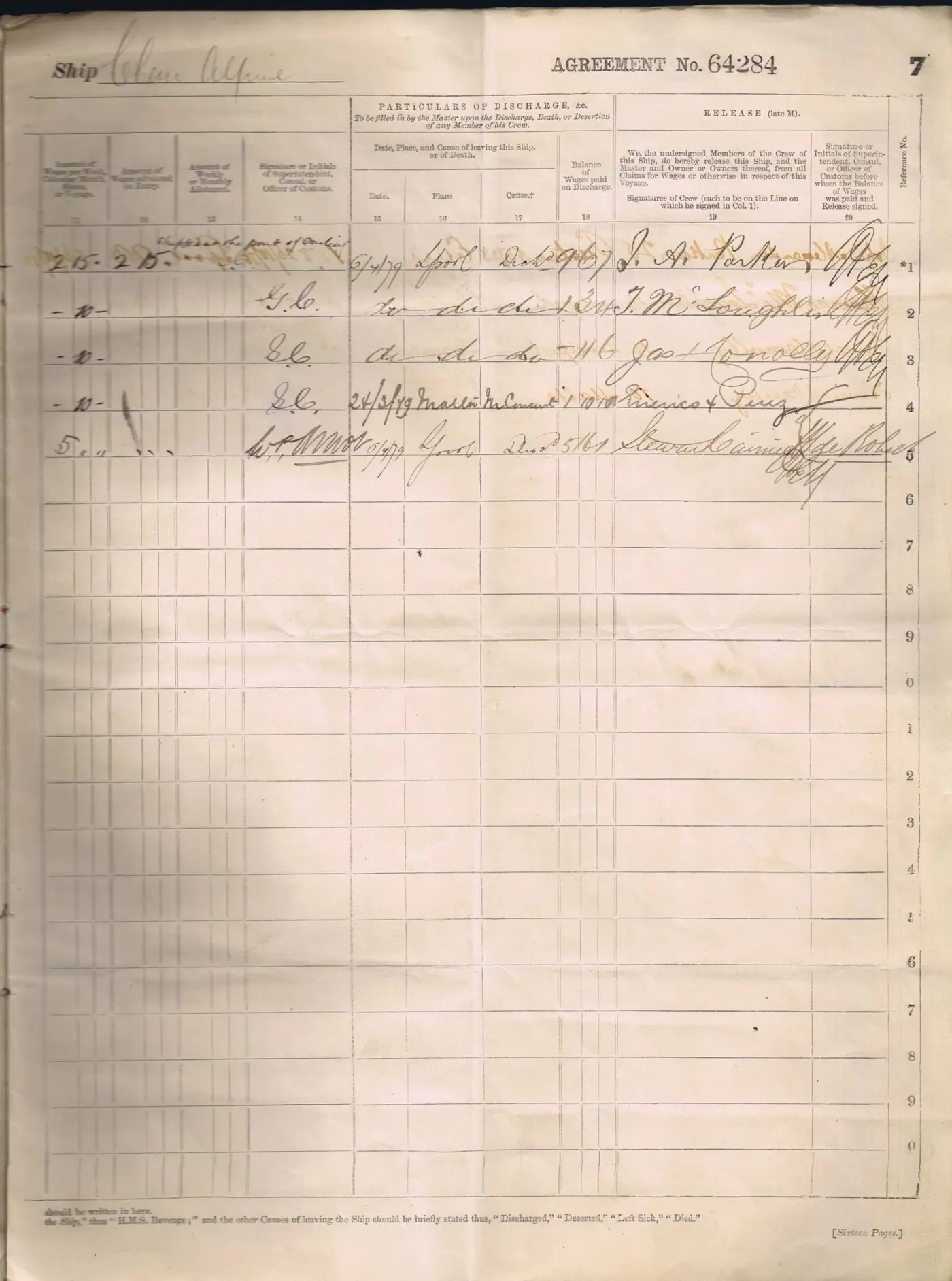 Digitised image of a page of the Agreement and Account of Crew for Clan Alpine in 1878