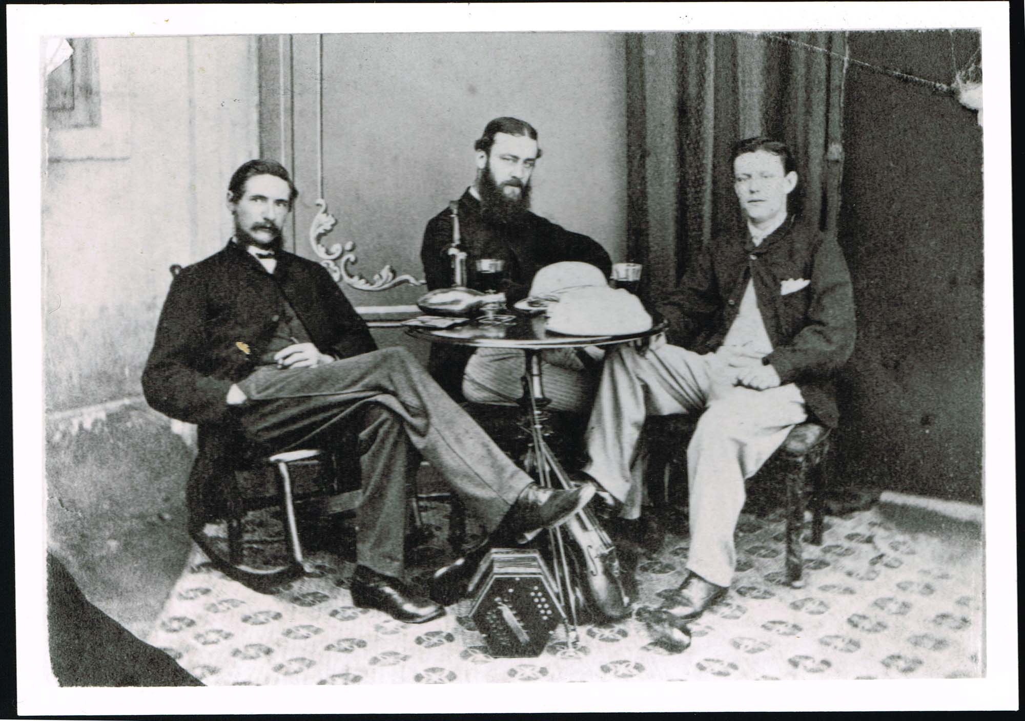 Black and white photograph of Charles Cayzer with two friends who shared a 'chummery' with him in Bombay in 1867