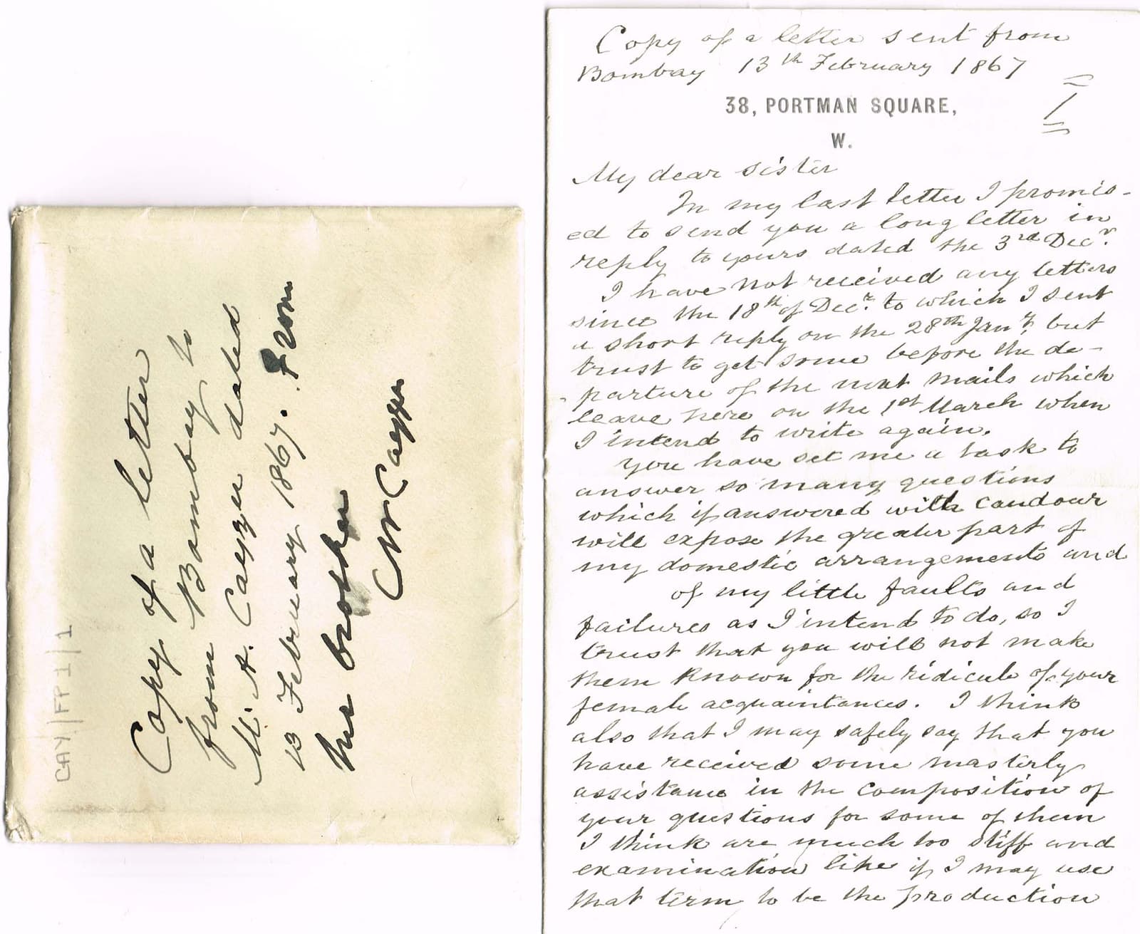 Digitised image of an envelope and first page of a contemporary handwritten copy of a letter dated 13 February 1867, from Charles Cayzer in India to his sister in England.