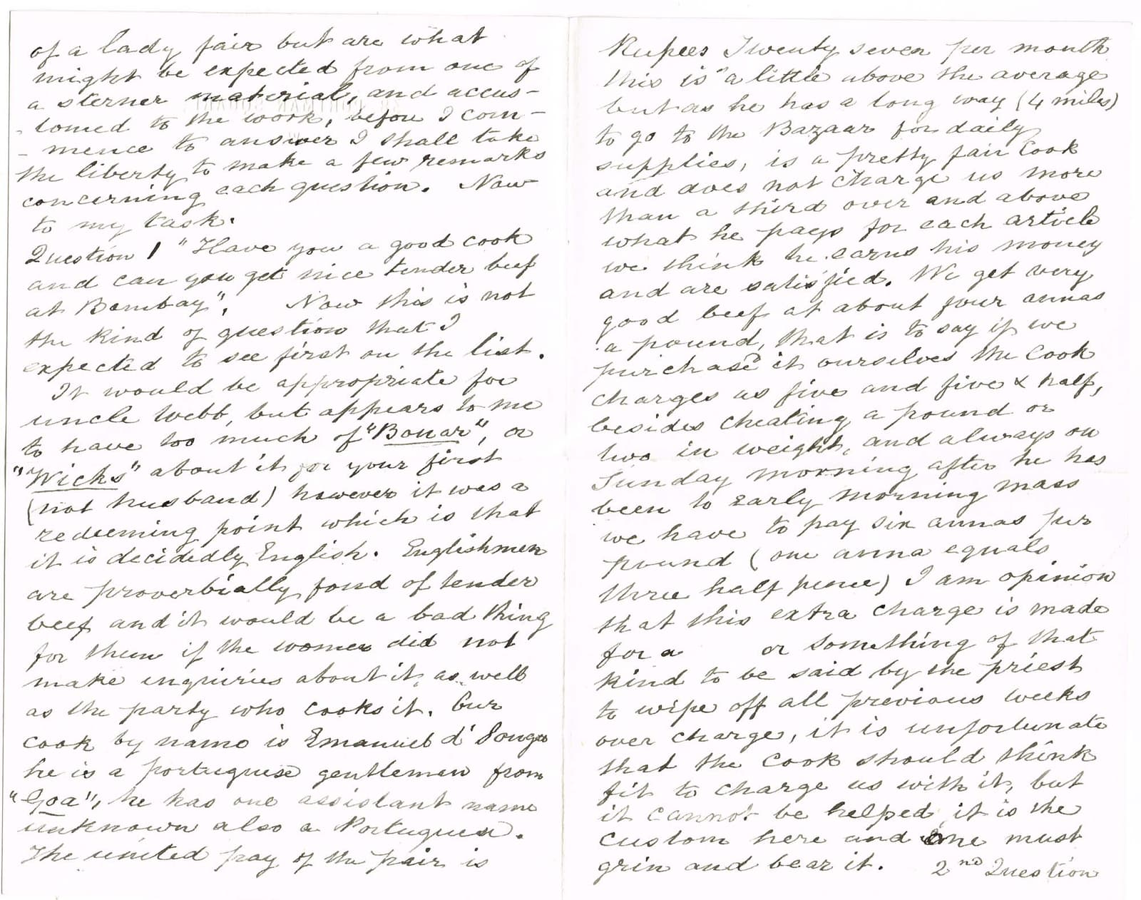 Digitised image of pages of a contemporary handwritten copy of a letter dated 13 February 1867, from Charles Cayzer in India to his sister in England.