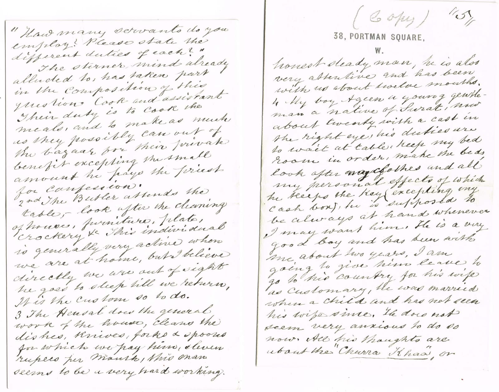 Digitised image of pages of a contemporary handwritten copy of a letter dated 13 February 1867, from Charles Cayzer in India to his sister in England.
