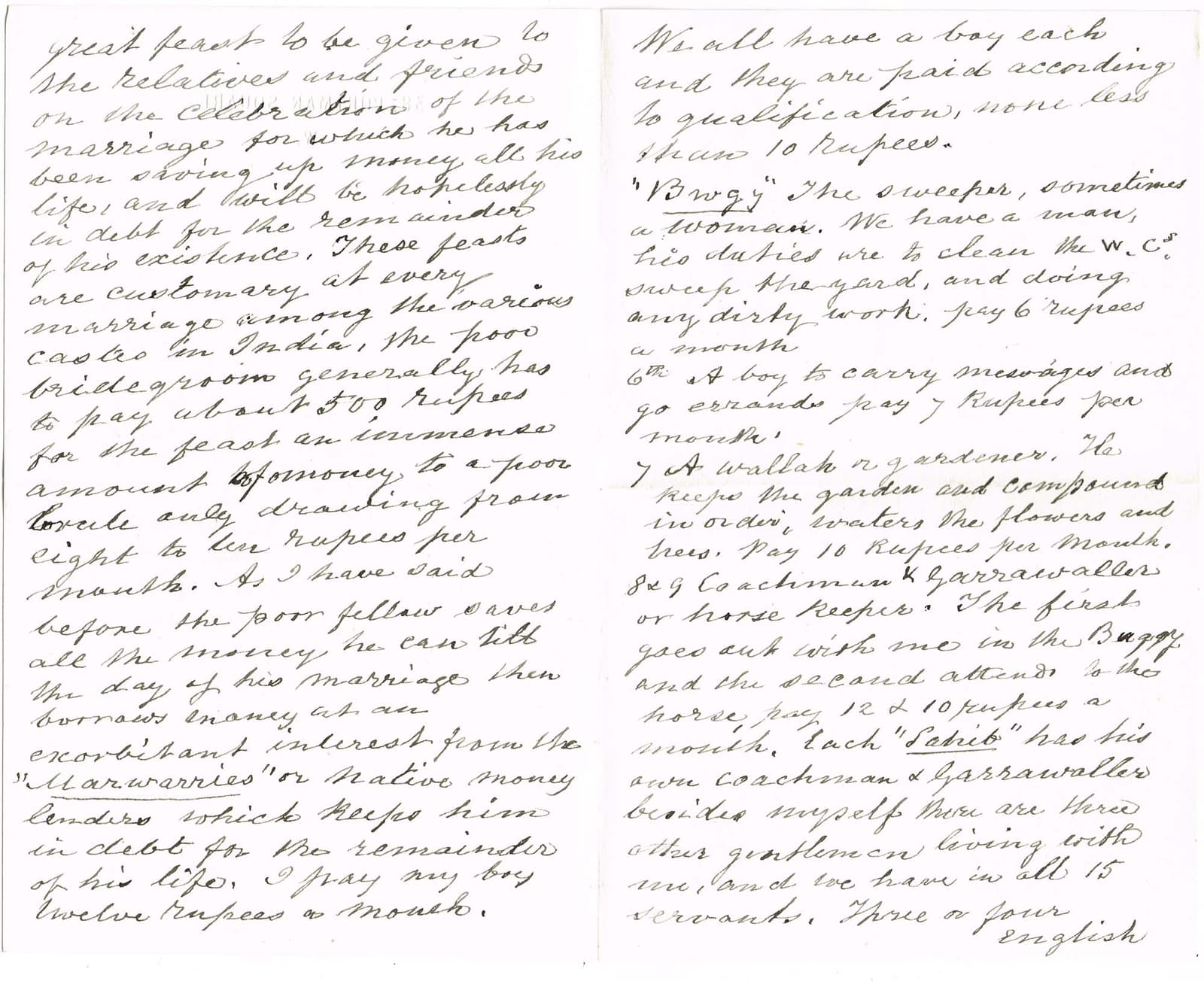 Digitised image of pages of a contemporary handwritten copy of a letter dated 13 February 1867, from Charles Cayzer in India to his sister in England.