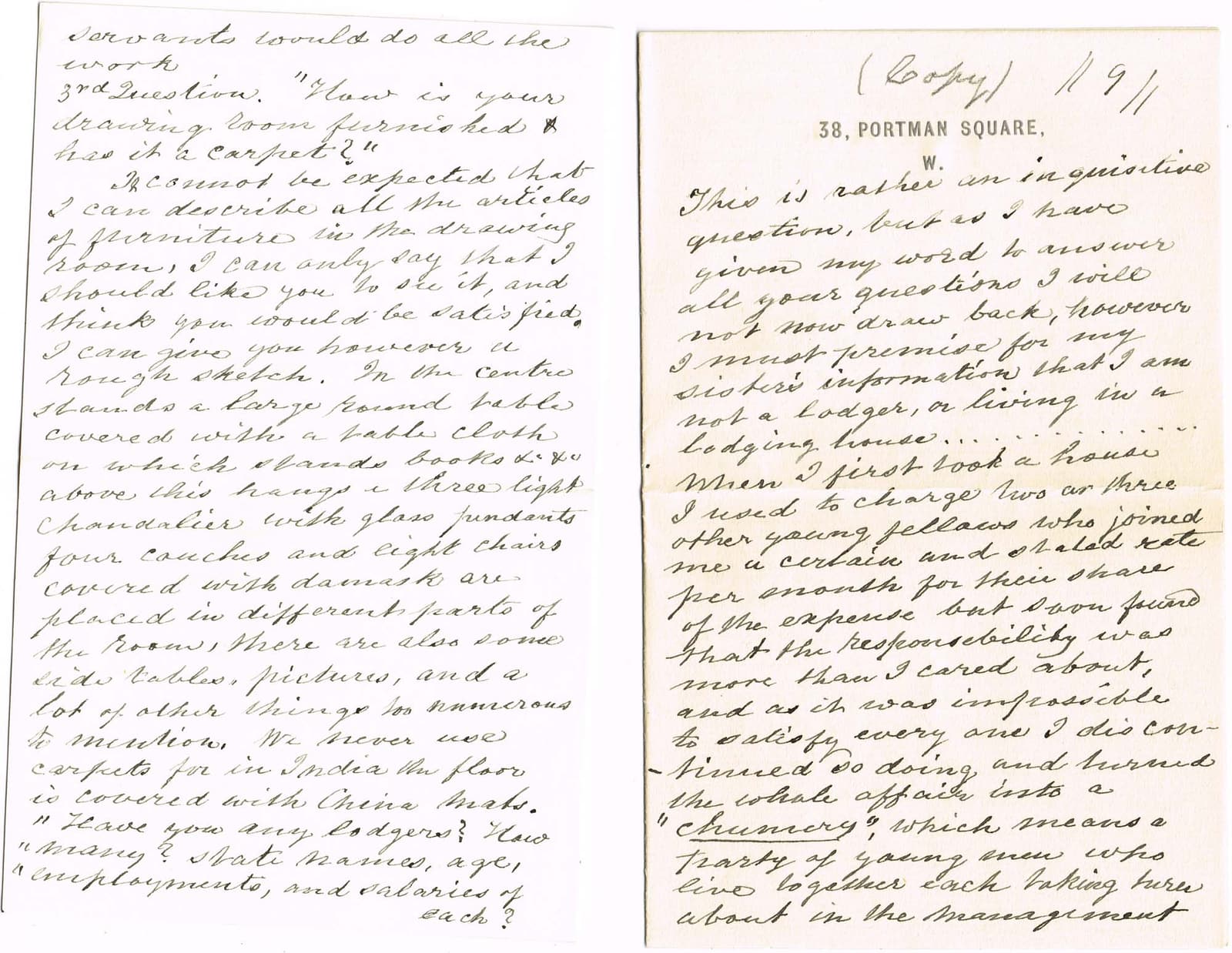 Digitised image of pages of a contemporary handwritten copy of a letter dated 13 February 1867, from Charles Cayzer in India to his sister in England.