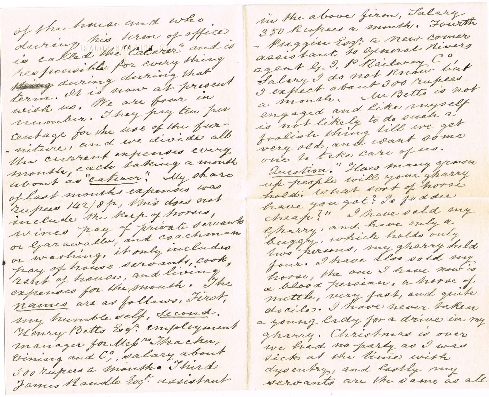 Digitised image of pages of a contemporary handwritten copy of a letter dated 13 February 1867, from Charles Cayzer in India to his sister in England.