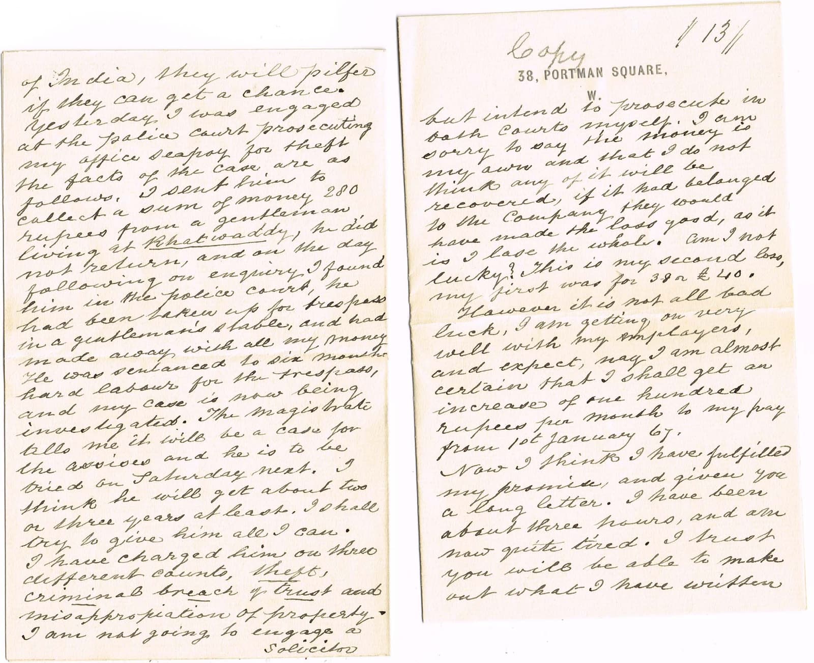 Digitised image of pages of a contemporary handwritten copy of a letter dated 13 February 1867, from Charles Cayzer in India to his sister in England.