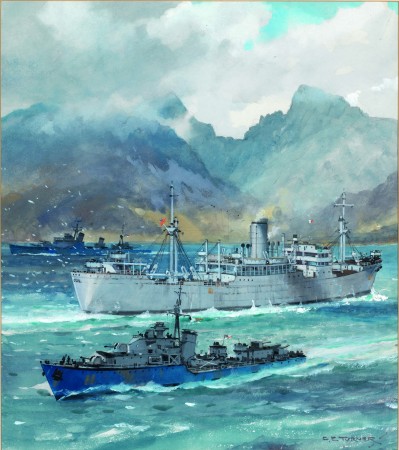 Painting of the Clan Lamont entering the Clyde during WWII by C.E. Taylor