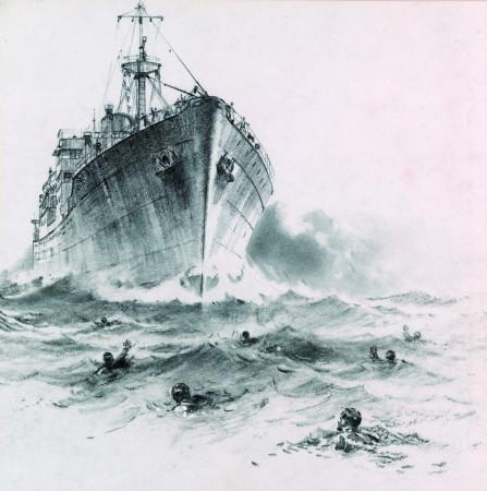 Print of the Clan Macbean having just rammed a German submarine early in WWII