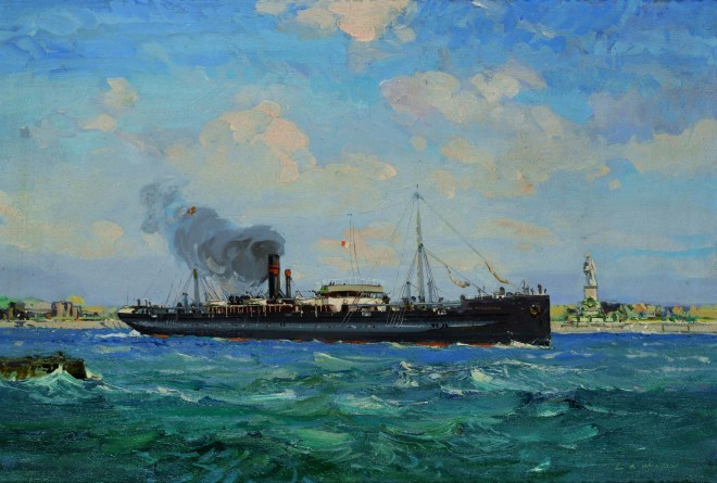 Painting of the Clan MacDonald passing through the Suez Canal by Lesley Arthur Wilcox