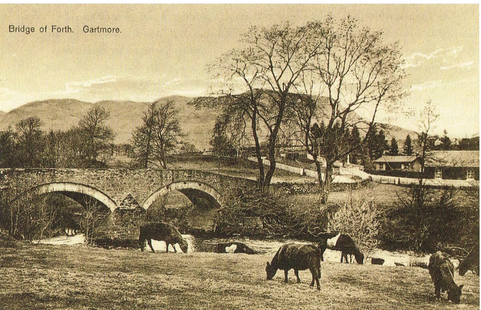 Black and white photograph of the Bridge of Forth on the Gartmore Estate